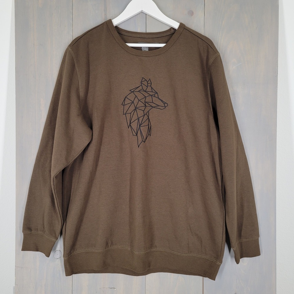 French Connection Sweatshirt Mens XXL Brown Geometric Wolf Graphic Pullover